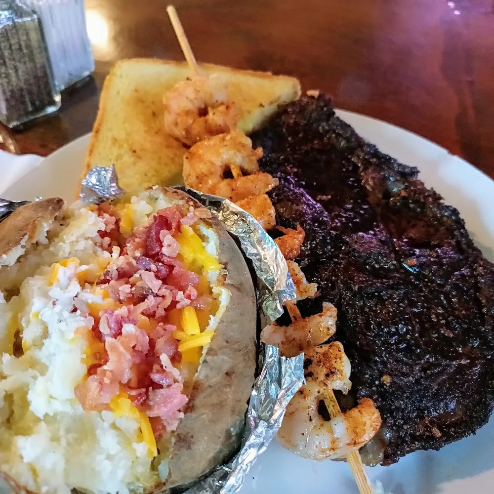 Ribeye Steak Dinner Loaded Baked Potato Shrimp Screwer & Side Salad
